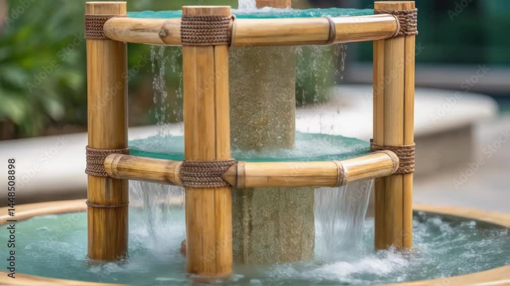 Poster a closeup of a water fountain with ecofriendly materials detailing its bamboo frame and recycled gla