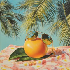 A tropical scene featuring an orange, sunglasses, and palm trees, evoking a sense of vacation and leisure.