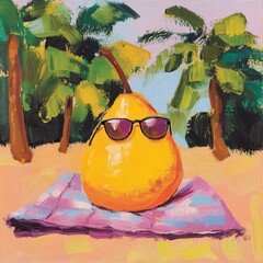 A pear wearing sunglasses, sunbathing on a beach towel under palm trees