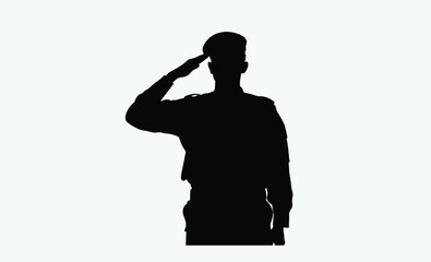 Soldier saluting silhouette, black and white, military salute figure, army man silhouette, soldier outline vector icon