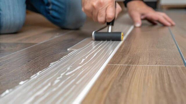 A closeup of a workers fingers pushing a seam roller down a newly laid vinyl flooring seam with beads of glue oozing out slightly from the edges indicating meticulous attention to