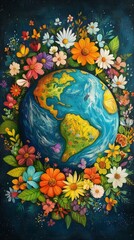 A vibrant Earth surrounded by a colorful floral wreath, symbolizing the beauty of nature and the importance of environmental protection. The earth globe is covered with colorful flowers.