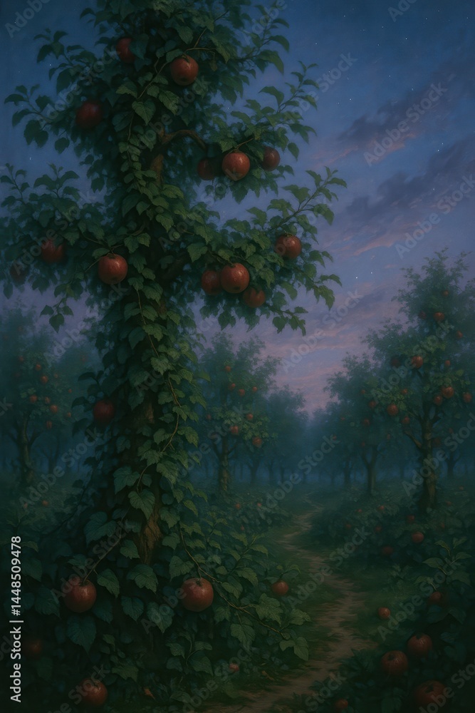 Poster serene twilight view of an orchard path with vibrant apples