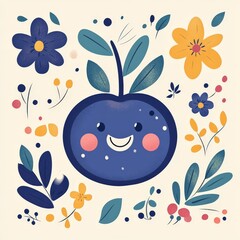 A cute illustration of a smiling blueberry with flowers and leaves, showcasing a vibrant and playful design