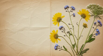 Pressed yellow daisies and wildflowers on vintage paper
