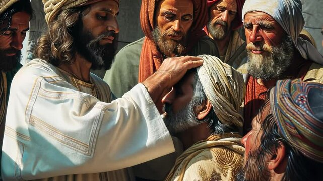 Blindness and sight: Jesus heals blind man, spiritual clarity, divine mercy, transformative healing, deeper understanding, truth revealed, sight beyond physical realm, profound journey of faith.