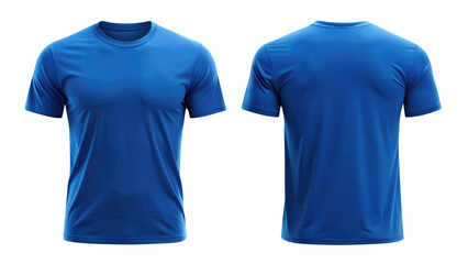 Blue t-shirt round neck template from two sides isolated on transparent white background, clipping path, pen tool 