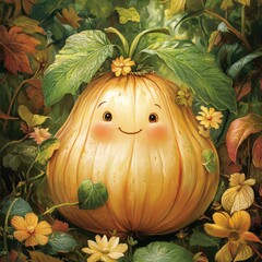 A whimsical and charming illustration of a friendly smiling onion character surrounded by lush foliage and delicate flowers. This cheerful veggie brings a touch of nature's delight.