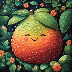 A cute, smiling mango character, surrounded by plants and flowers. The image has a vibrant, colorful, and happy mood