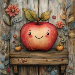 A cheerful and delightful apple with a smiling face, adorned with flowers and leaves, presented against a rustic wooden backdrop