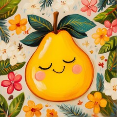 A delightful illustration of a pear with a cheerful expression surrounded by flowers. The pear's smiling face adds a touch of joy