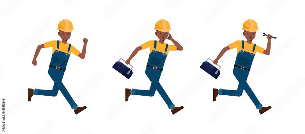 Poster construction worker running and working character vector illustration design set.