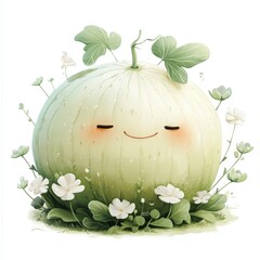 A cheerful smiling pumpkin character surrounded by charming floral arrangements. The pumpkin radiates a gentle and inviting aura.