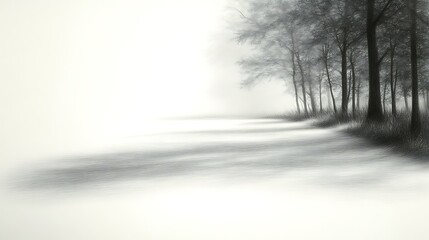 A foggy atmospheric landscape showing a line of trees on the right