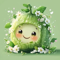 A cute smiling character peeking from inside a green fruit surrounded by flowers and leaves
