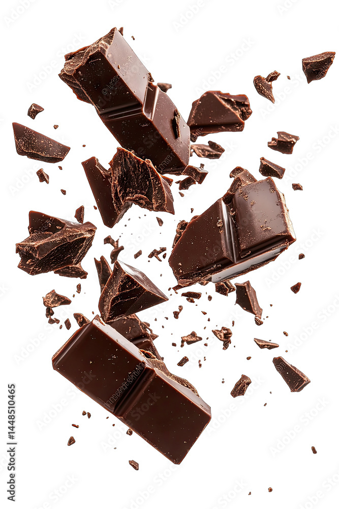 Poster a dynamic scene of dark chocolate bars and shards exploding mid-air. showcasing the rich texture and