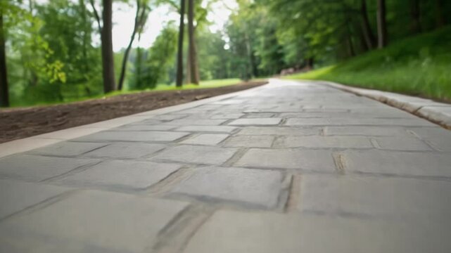 A closeup of smooth stone pavers being laid along the trails edge illustrating precision craftsmanship and the integration of natural materials into the environment.