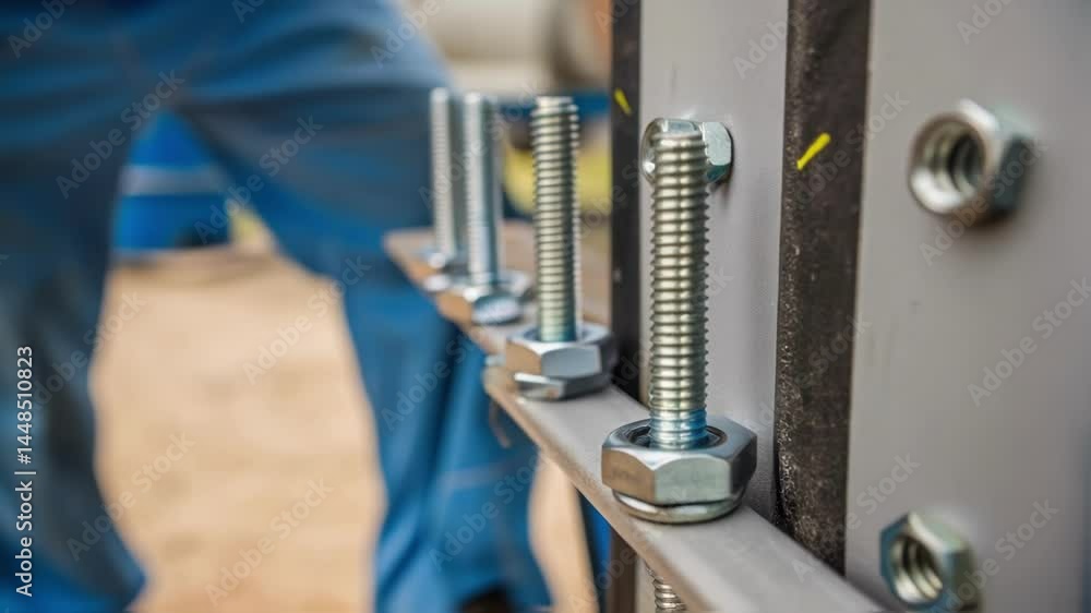Poster a closeup of the installation process featuring a worker carefully tightening bolts on a climbing ho