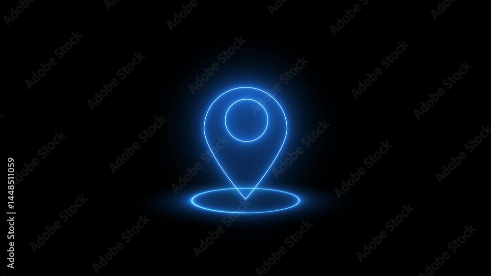 Poster glow map pin, location symbol neon glowing lights. blue pointer with shadow.glowing neon blue color 