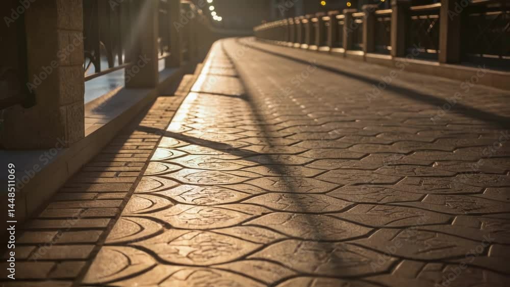 Poster a closeup of the textured surface of a riverwalk pathway with shadows cast by strategically p lighti