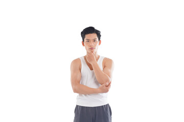 Portrait of muscular asian man wearing sportswear posing on white background