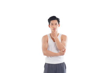 Portrait of muscular asian man wearing sportswear posing on white background