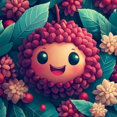 A charmingly adorable lychee fruit with a happy expression nestled among leaves and flowers, radiating a sense of freshness and joy.