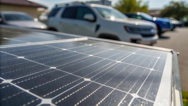 A closeup of the textured surface of a solar panel highlighting the individual cells that convert sunlight into energy with a blurred view of parked vehicles in the background.
