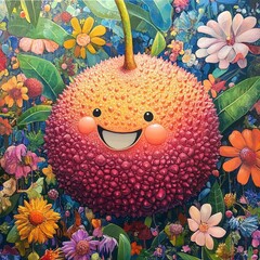 A whimsical smiling fruit enjoying a vibrant floral garden