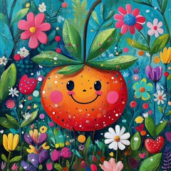 An illustrated whimsical orange with a smiling face surrounded by colorful flowers.