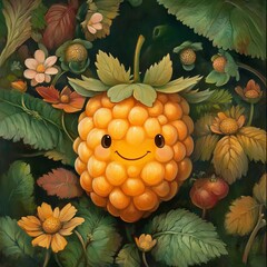 A delightful illustration of a raspberry with a friendly smile surrounded by lush greenery. 