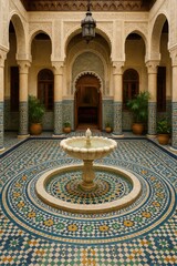 Obraz premium Elegant Moroccan Riad Courtyard with Intricate Tile Work and Fountain
