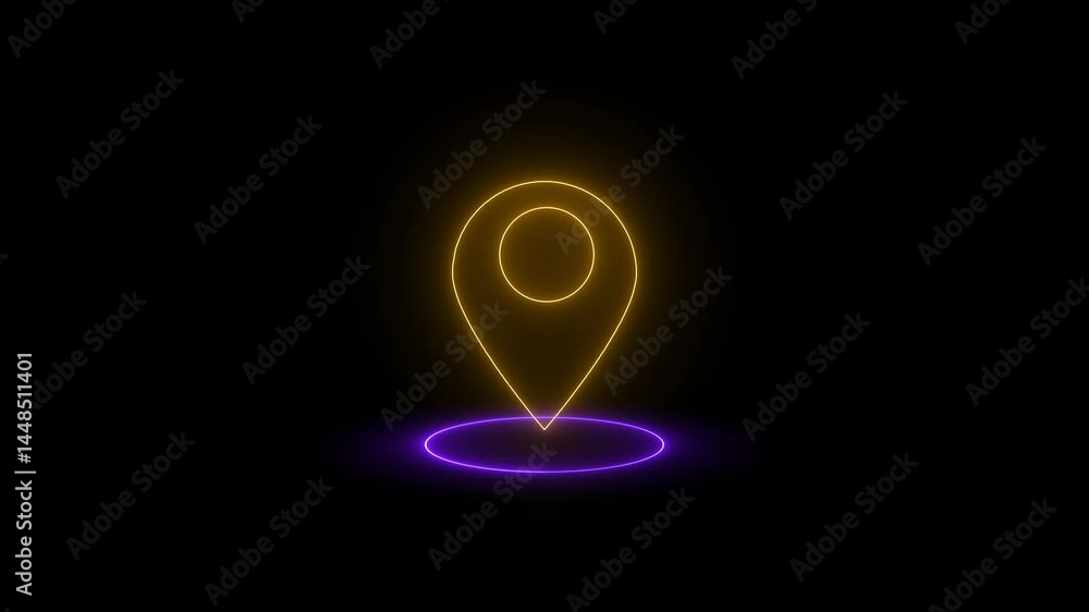 Poster map pin glowing neon icon animation. 4k motion animation.neon location pin point icon. one line art 