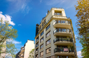 Beautiful new residential building in Warsaw. Balconies and windows