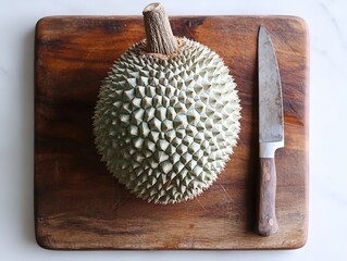 Durian and Knife on a wooden board