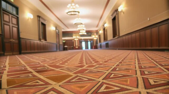 A closeup on the textured surface of the carpet featuring geometric patterns designed for acoustics adding warmth to the deliberation space.