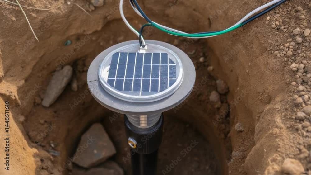 Poster A closeup shot of a solarpowered light being lowered into a predug hole with dirt and small rocks tered around indicating the preparatory work for installation.