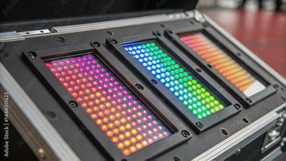 Poster a closeup shot of colorful led modules being fitted into a metal frame highlighting the vibrant scre