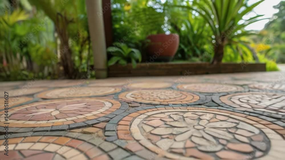 Poster A closeup shot of textured mosaic stone tiles forming a decorative pattern on the patio floor complemented by the surrounding greenery.