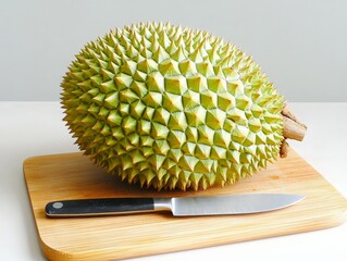 A whole durian fruit with sharp, green spikes on a wooden cutting board and a stainless steel knife beside it, ready to be sliced. 