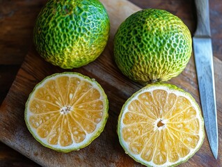 Freshly cut citrus fruit arranged with a knife on a wooden cutting board