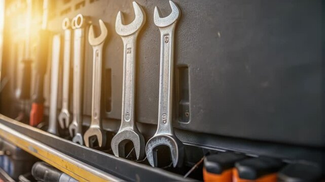 A closeup shot of a variety of essential repair tools hanging neatly on the station including wrenches tire levers and patches with glaring sunlight reflecting off their metallic