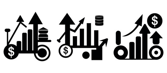 Financial growth bar chart icons with upward arrows and dollar symbols