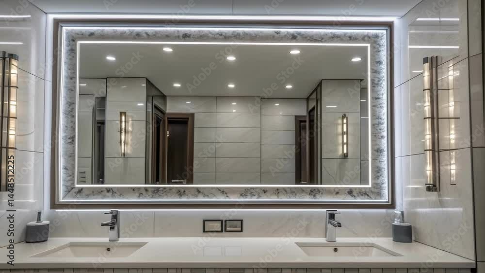 Poster A detailed view of a hightech mirror with integrated touch controls for volume and lighting reflecting luxurious tile work and modern fixtures in the restroom area.