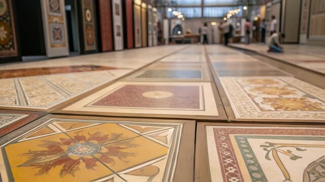 A detailed view of the pattern created by the modular flooring tiles showcasing the intricate designs and colors that contribute to the overall artistic theme of the exhibition.