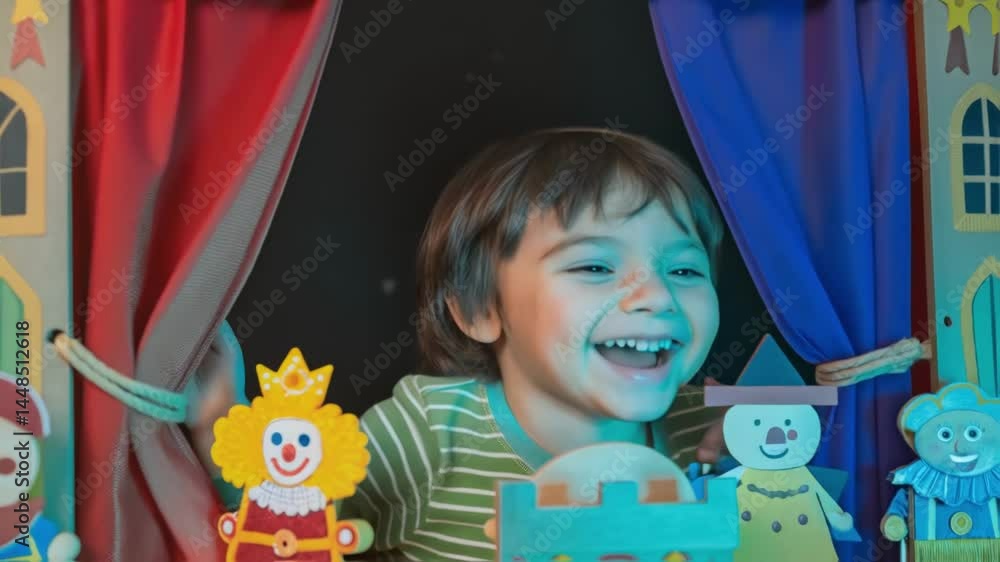 Aufkleber A joyful child surrounded by a mini puppet theater preparing for a storytelling session with puppets and props vividly depicted in the frame.