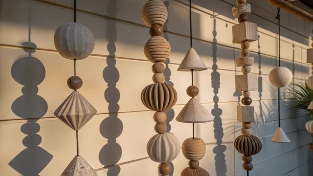 A medium closeup capturing a hanging installation on a feature wall where sculptural elements made from repurposed materials create an intriguing play of shadows and light.