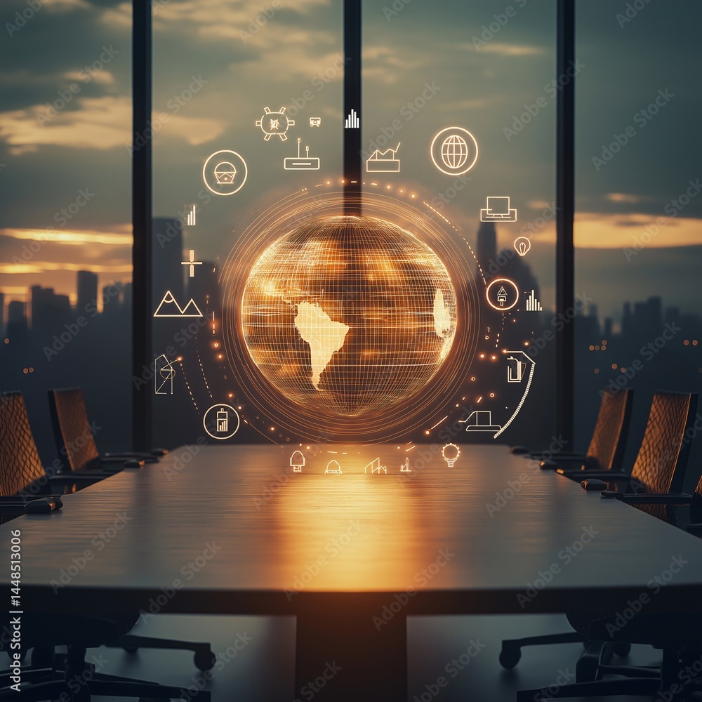Poster global vision: a modern boardroom setting with a stunning view of a cityscape is illuminated by a gl