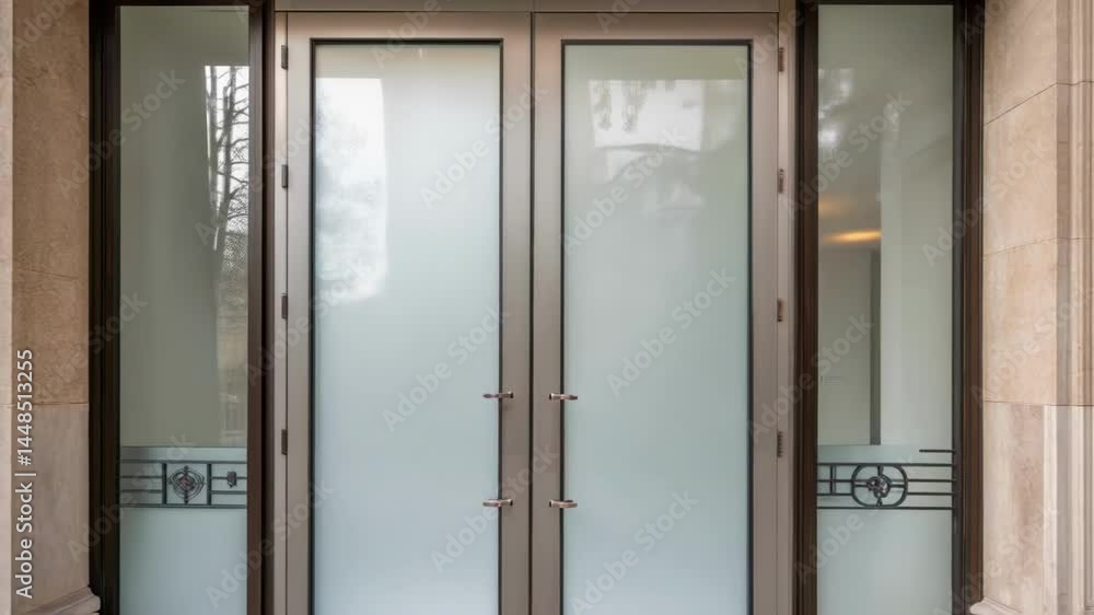 Poster a medium closeup featuring a pair of glass double doors with a minimalist design surrounded by elega