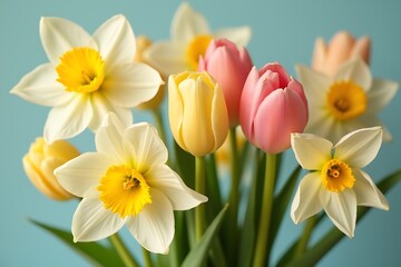 Fototapeta premium Spring Bouquet: Tulips and Daffodils in Pastel Hues on Soft Blue Background. Bright and Fresh Floral Arrangement. 
